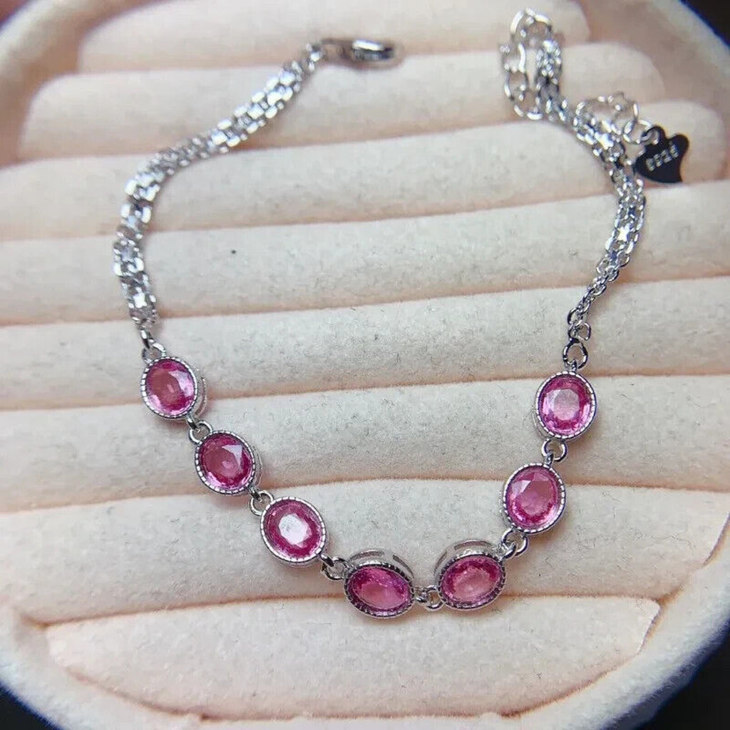Pink Sapphire Tennis Bracelet Oval Cut 4x5mm Platinum Plated
