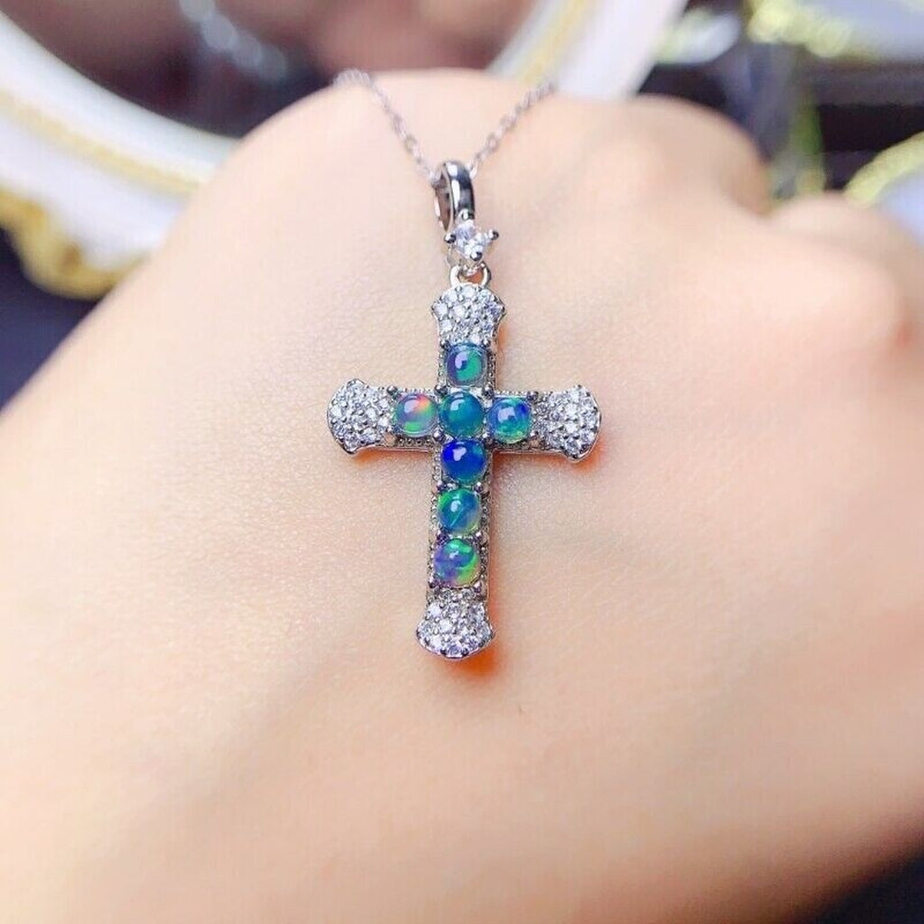 Australian Opal Cross Pendant Necklace, White Opal or Black Opal Cross Necklace