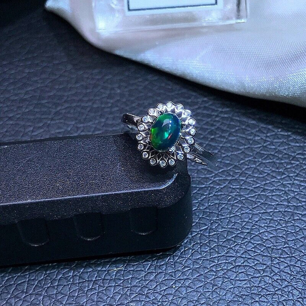 Vintage Black Opal Ring Platinum Plated, Natural Black Opal Ring Sterling Silver