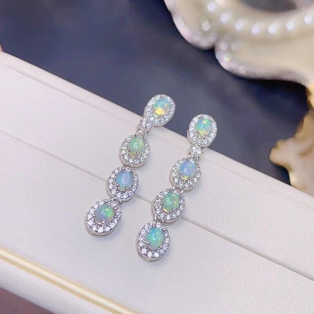 Australian White Opal Dangle Earrings 4x6mm 925 Sterling Silver