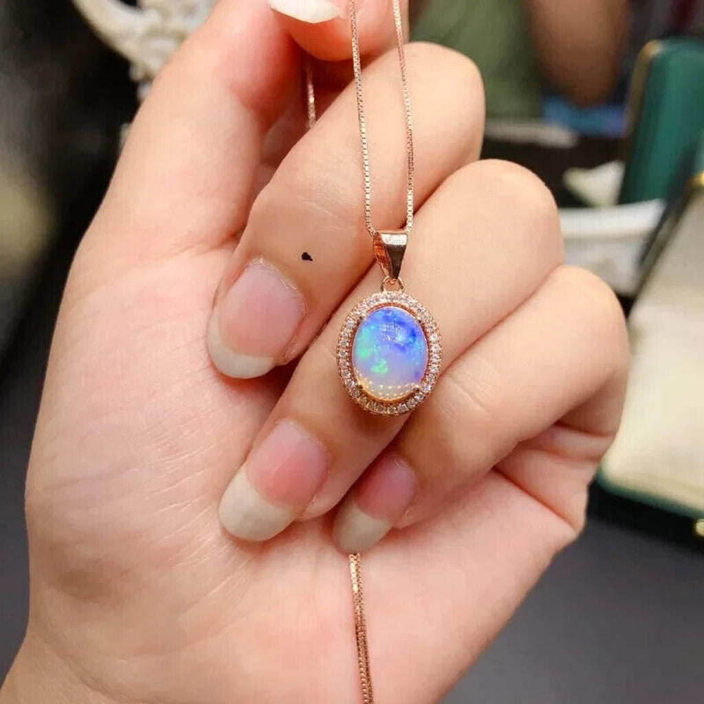 Opal Pendant Necklace, Women's Fire Opal Necklace, Australian White Opal 8x10mm