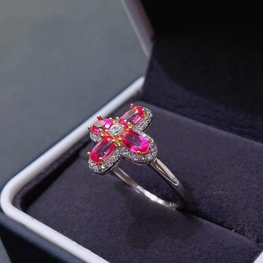 Natural Pink Topaz Floral Ring Sterling Silver 3x5mm Cocktail Ring, Pink Topaz