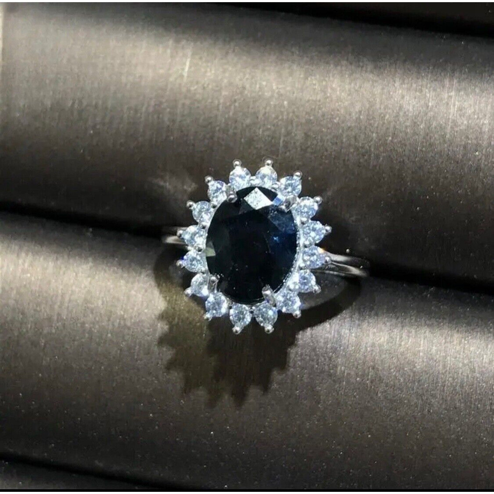 Natural Black Sapphire Gemstone Ring 8x10mm Platinum Plated Silver