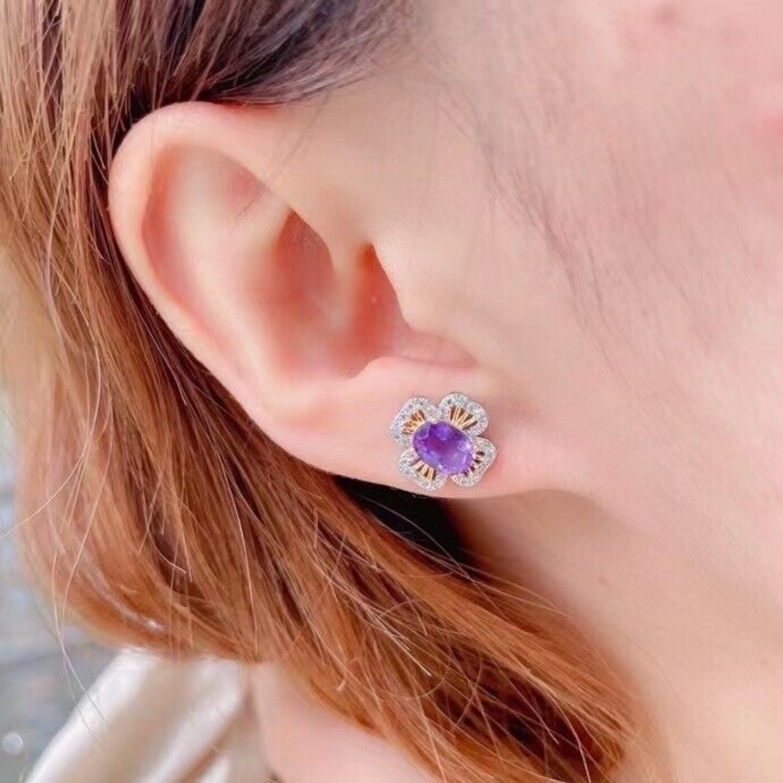 5x7mm Amethyst Flower Stud Earrings, Natural Amethyst Stud Earrings Platinum