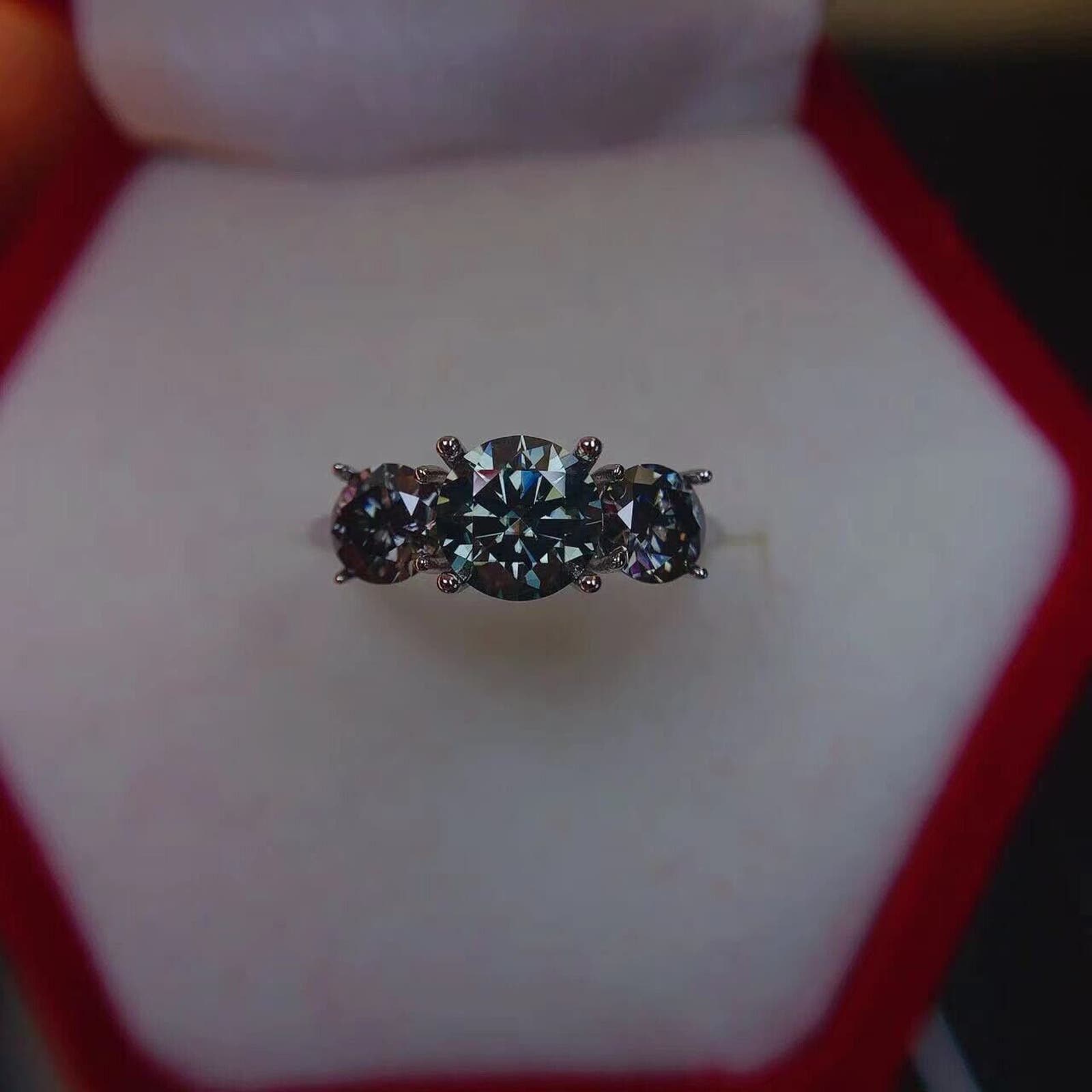 VVS1 Gray Moissanite 3 Stone Cocktail Ring