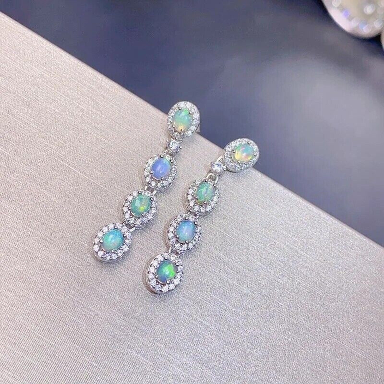 Australian White Opal Dangle Earrings 4x6mm 925 Sterling Silver