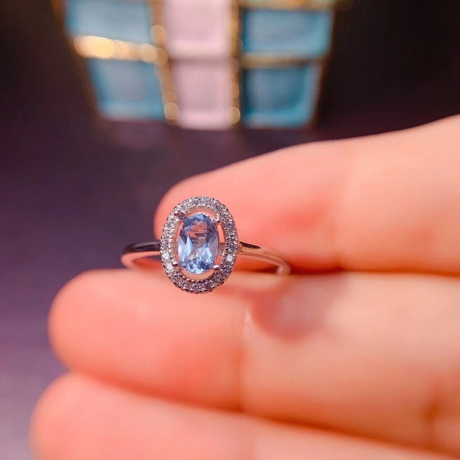 Aquamarine Cocktail Ring, Natural 4x6mm Oval Aquamarine Ring Sterling Silver