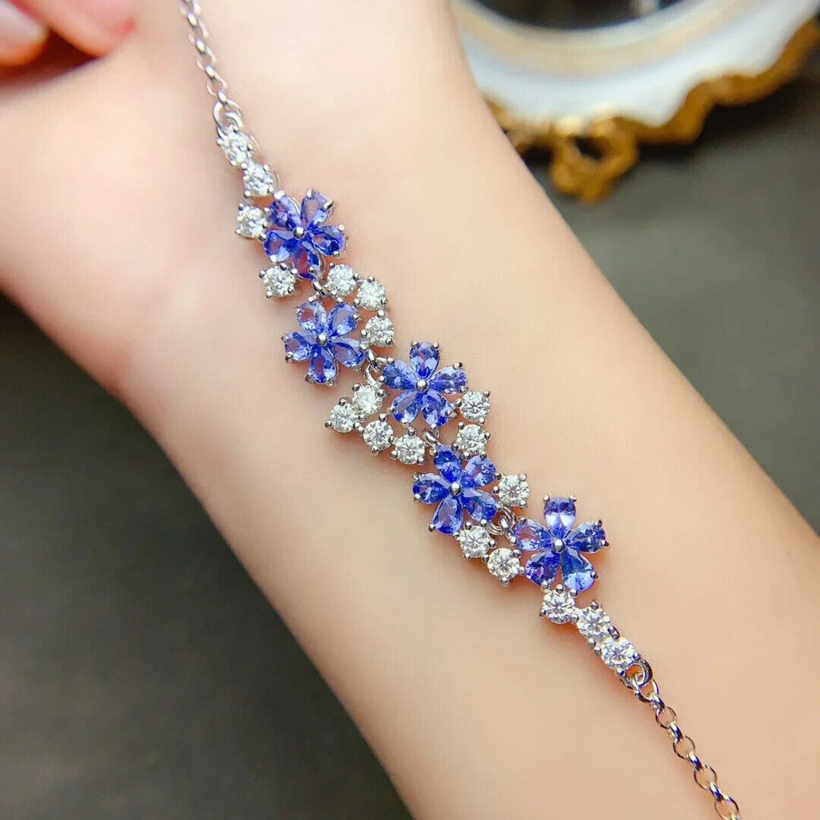 Purple Tanzanite Flower Statement Necklace Platinum Plated, Tanzanite Jewelry