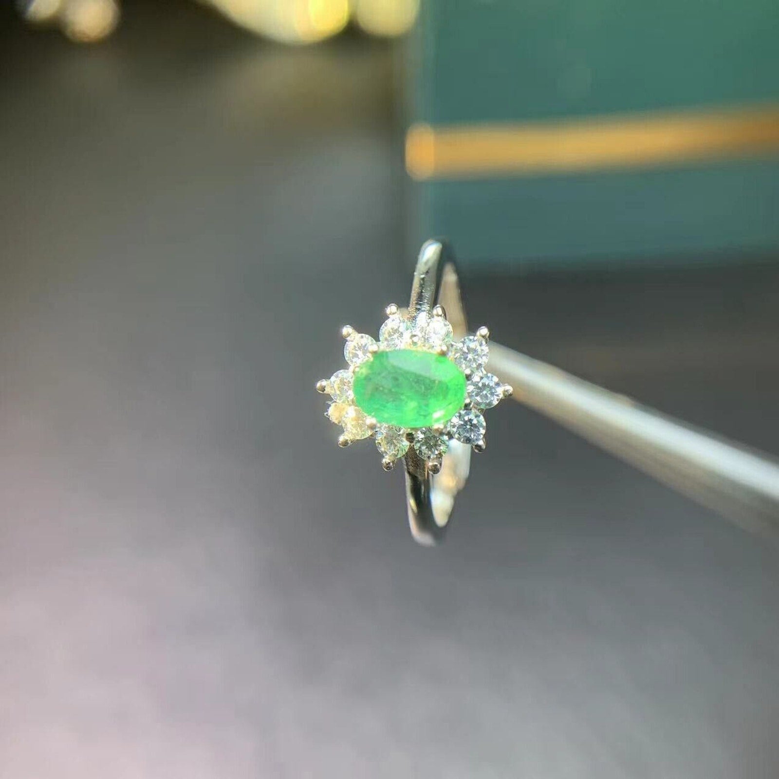 Emerald Cluster Cocktail Ring 4x6mm Sterling Silver