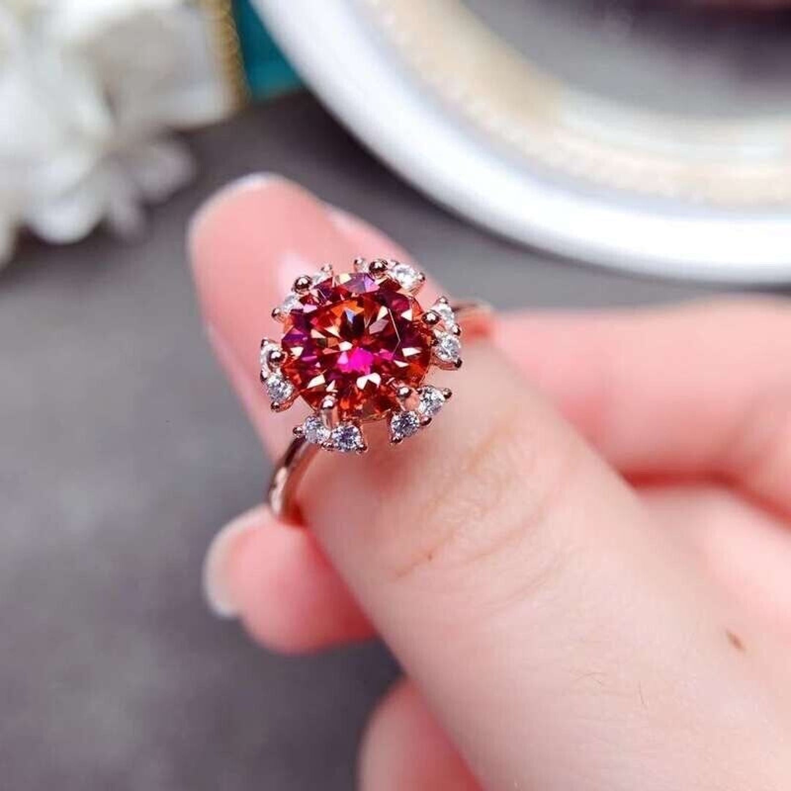 VVS1 2 Carat Red Moissanite Flower Ring Round Brilliant Cut