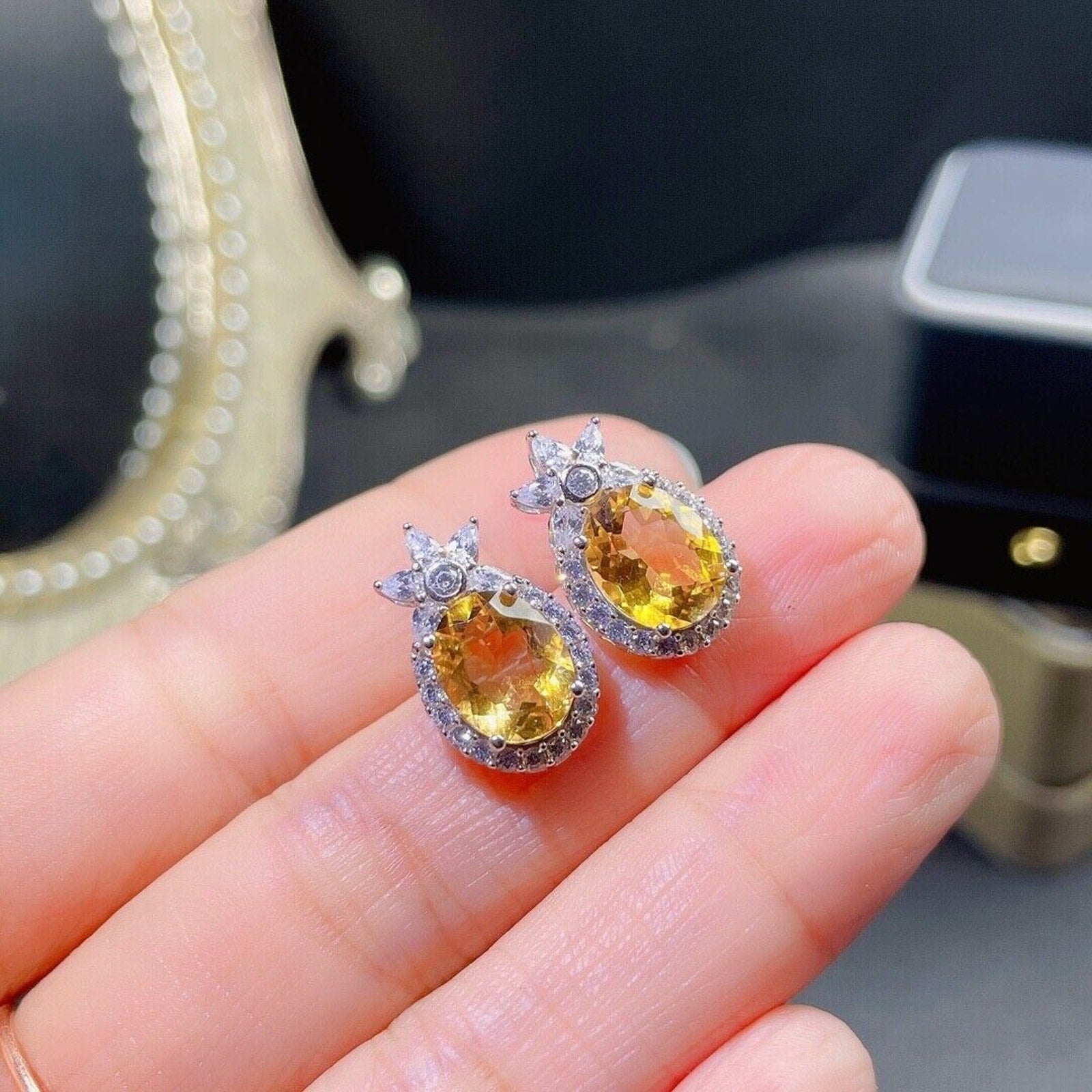 Large 8x10mm Natural Citrine Gemstone Earrings, Genuine Citrine Stud Earrings