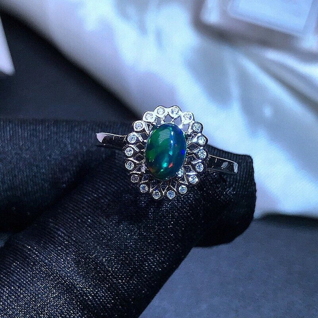 Vintage Black Opal Ring Platinum Plated, Natural Black Opal Ring Sterling Silver