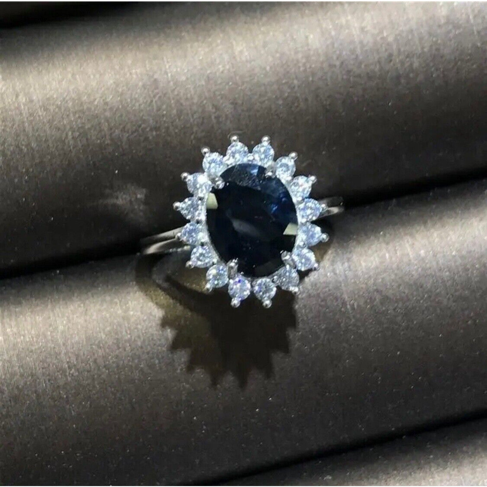 Natural Black Sapphire Gemstone Ring 8x10mm Platinum Plated Silver