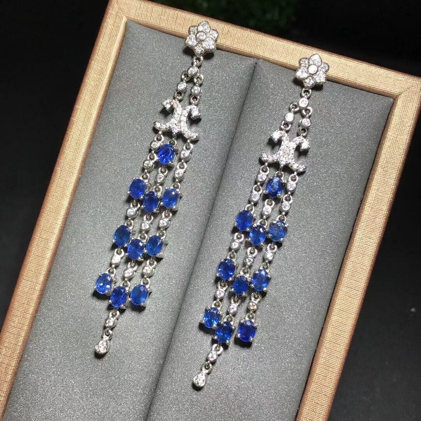Three Tier Chandelier Sapphire Earrings, Natural Blue Sapphire VVS Grade