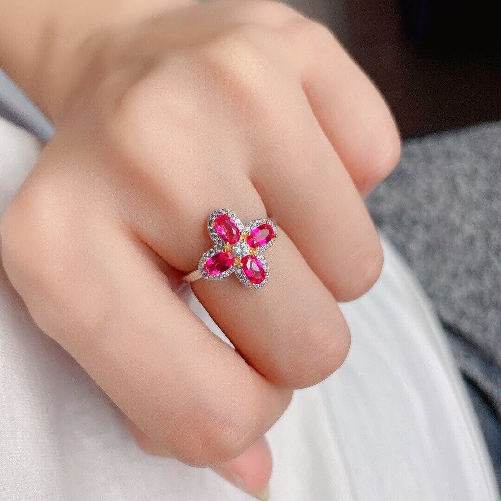 Natural Pink Topaz Floral Ring Sterling Silver 3x5mm Cocktail Ring, Pink Topaz