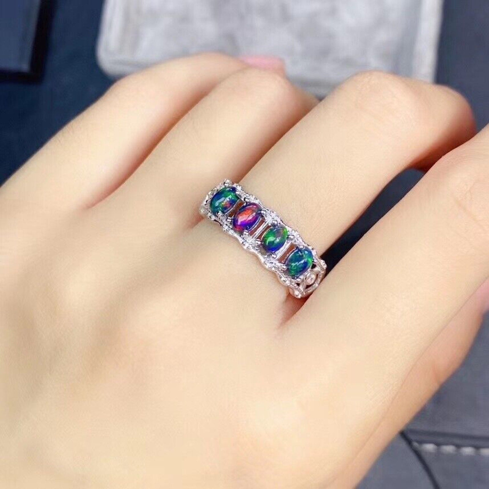 Natural Black Opal Band Ring, Black Opal Half Eternity Ring Platinum Plated