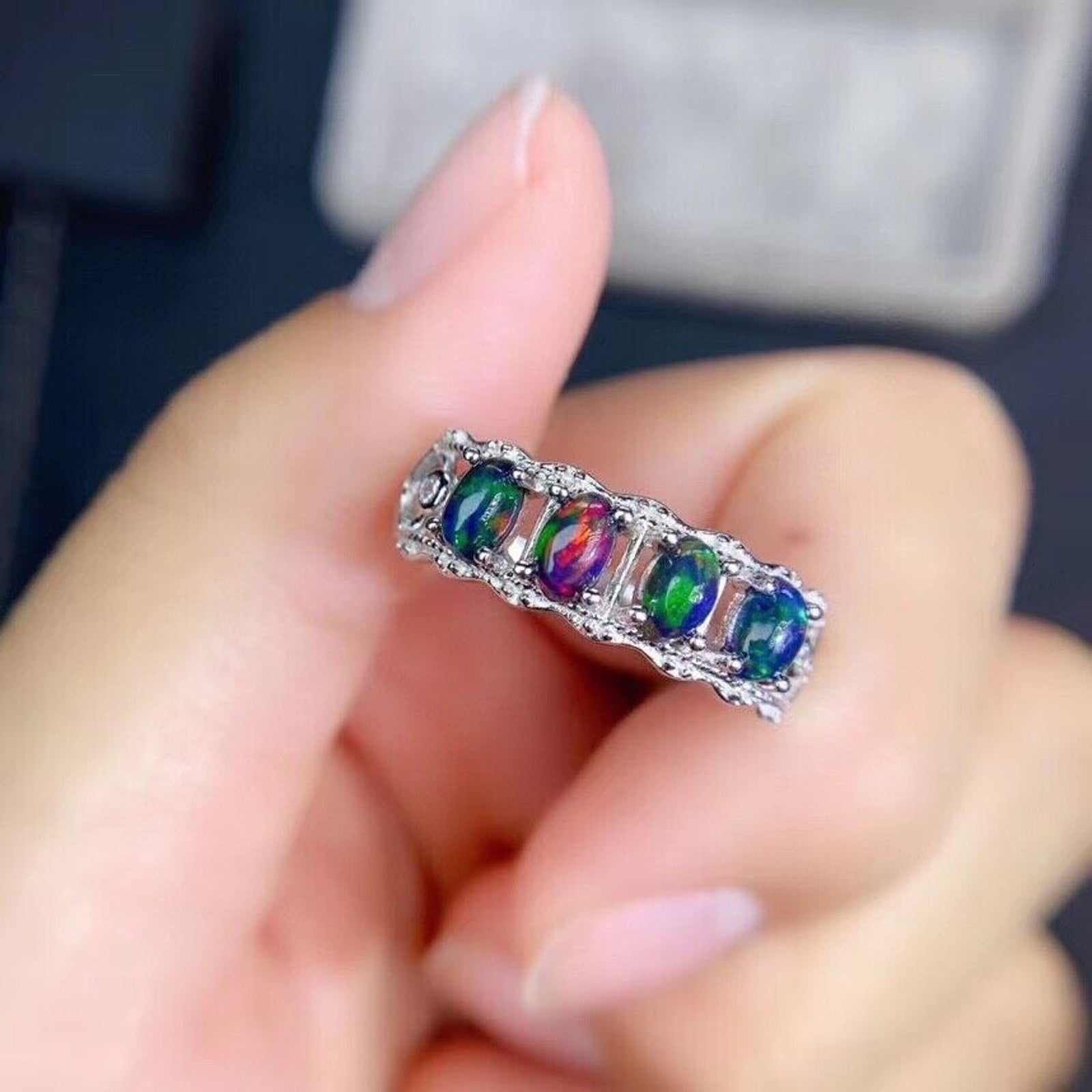 Natural Black Opal Band Ring, Black Opal Half Eternity Ring Platinum Plated