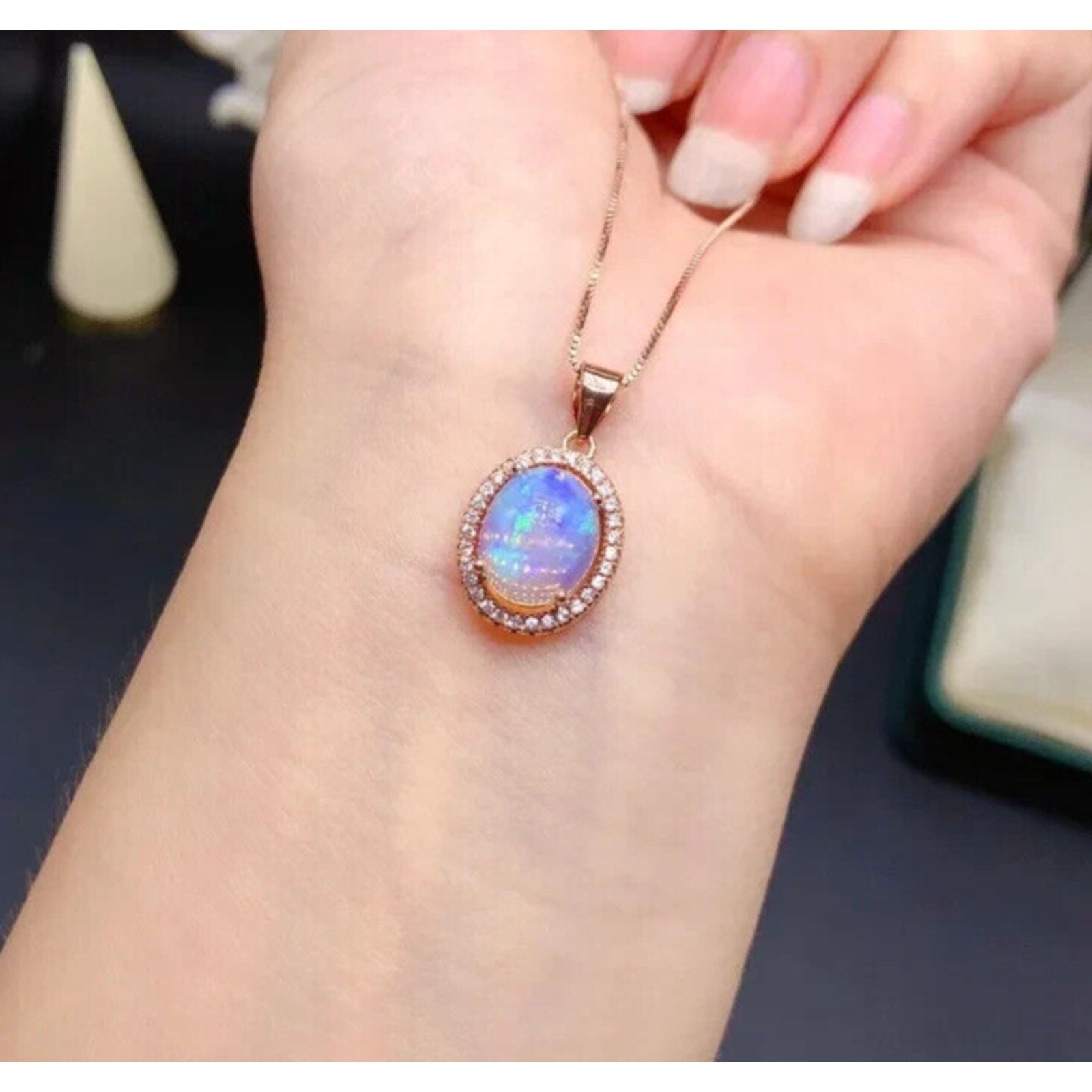 Opal Pendant Necklace, Women's Fire Opal Necklace, Australian White Opal 8x10mm