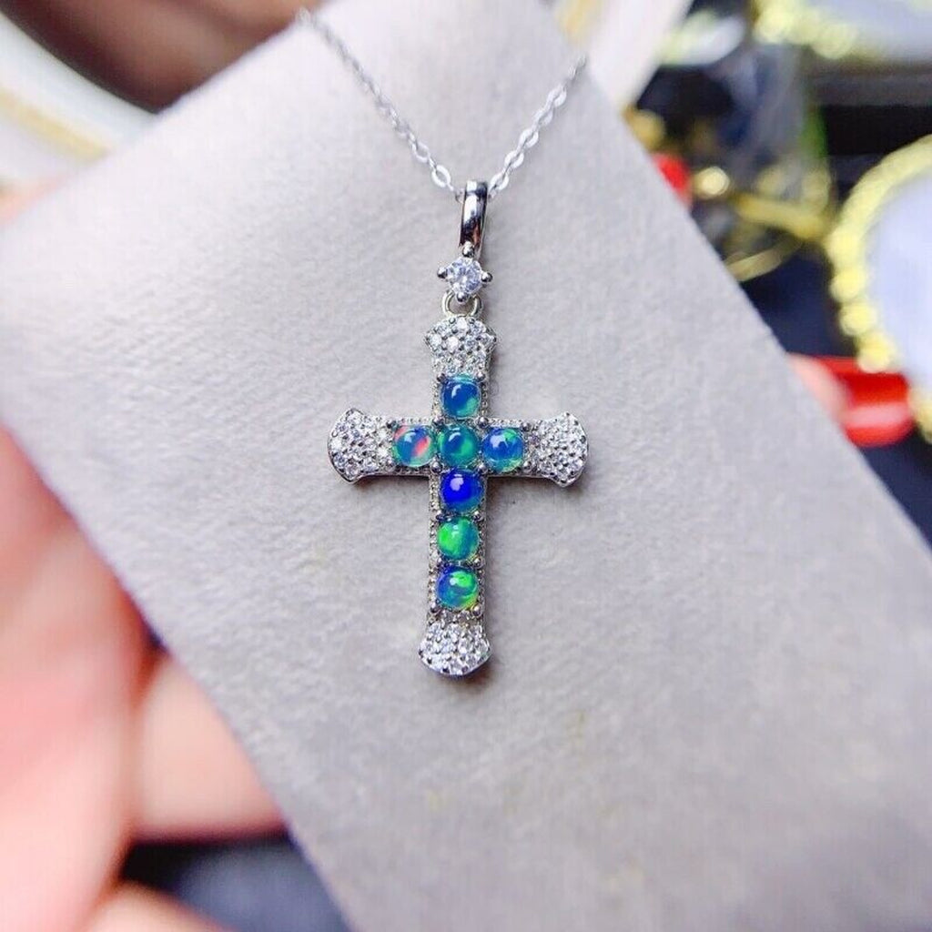 Australian Opal Cross Pendant Necklace, White Opal or Black Opal Cross Necklace