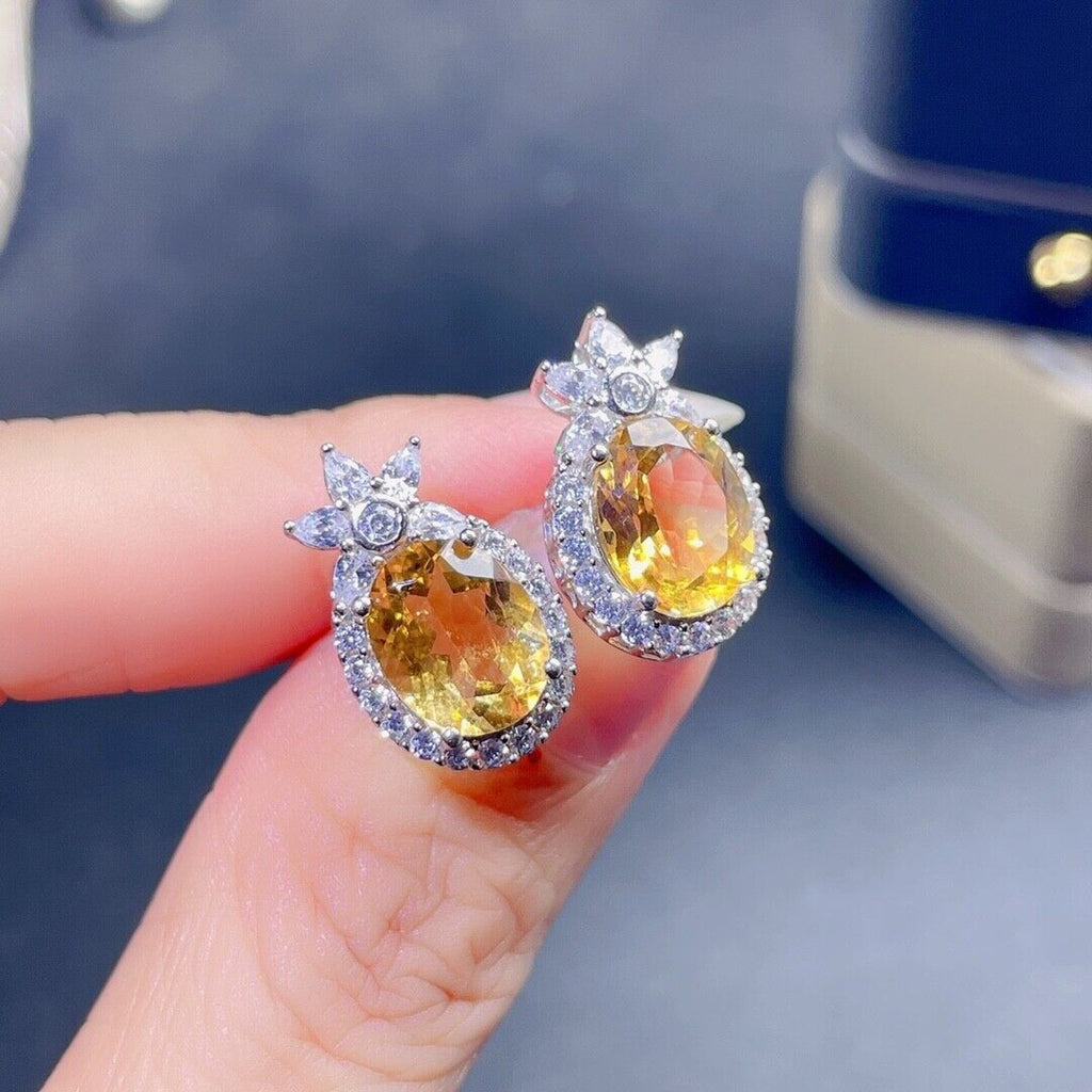 Large 8x10mm Natural Citrine Gemstone Earrings, Genuine Citrine Stud Earrings