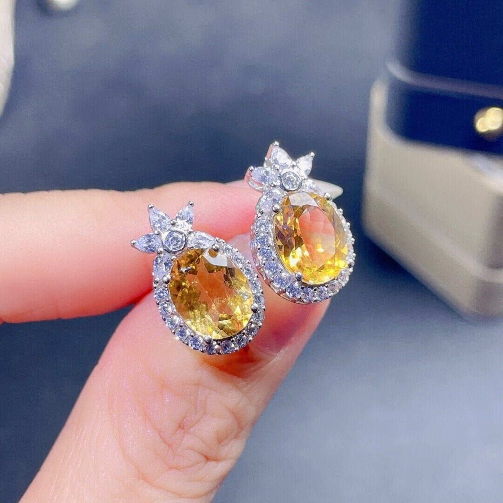 Large 8x10mm Natural Citrine Gemstone Earrings, Genuine Citrine Stud Earrings