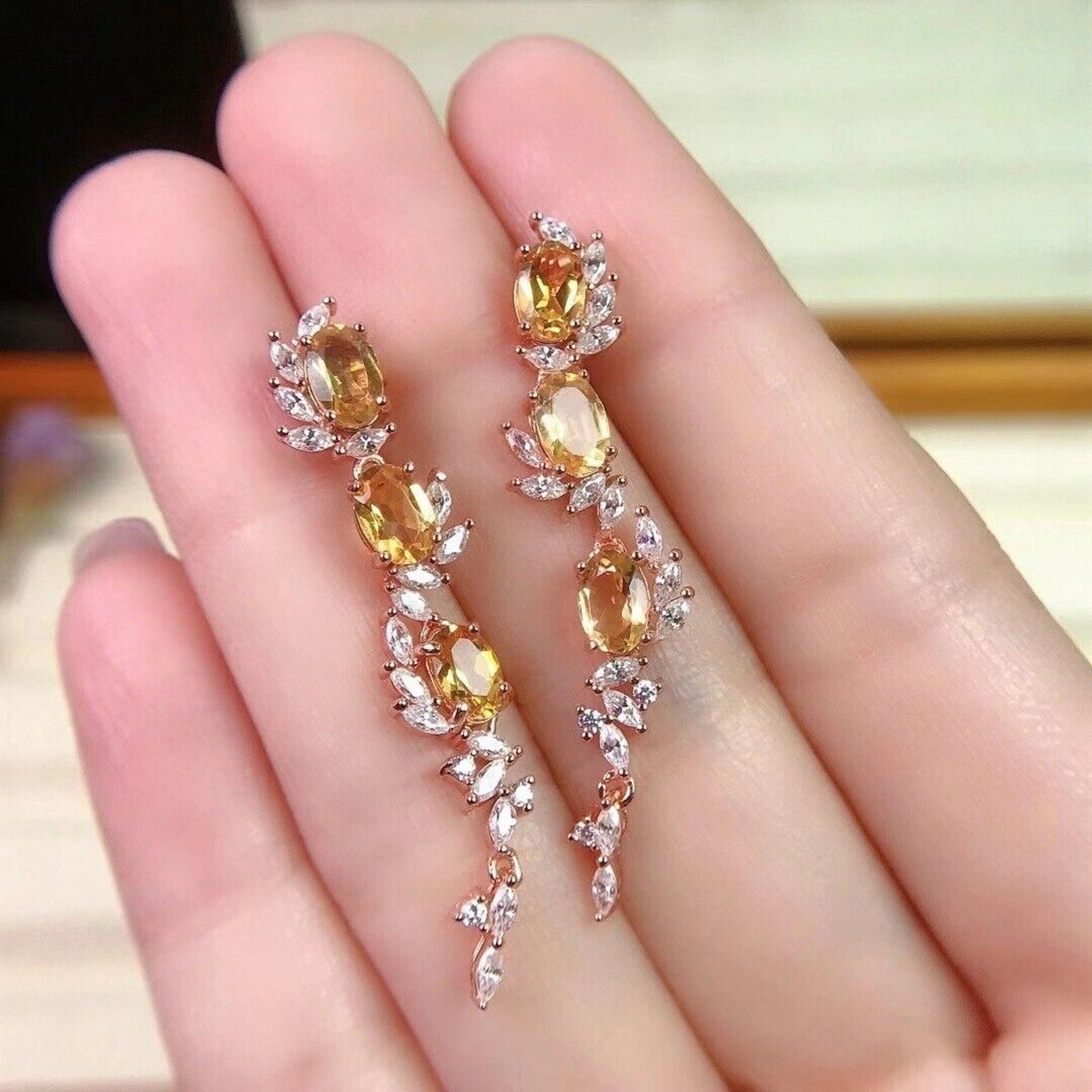 Natural Citrine Gemstone Dangle Earrings, Citrine Stud Earrings