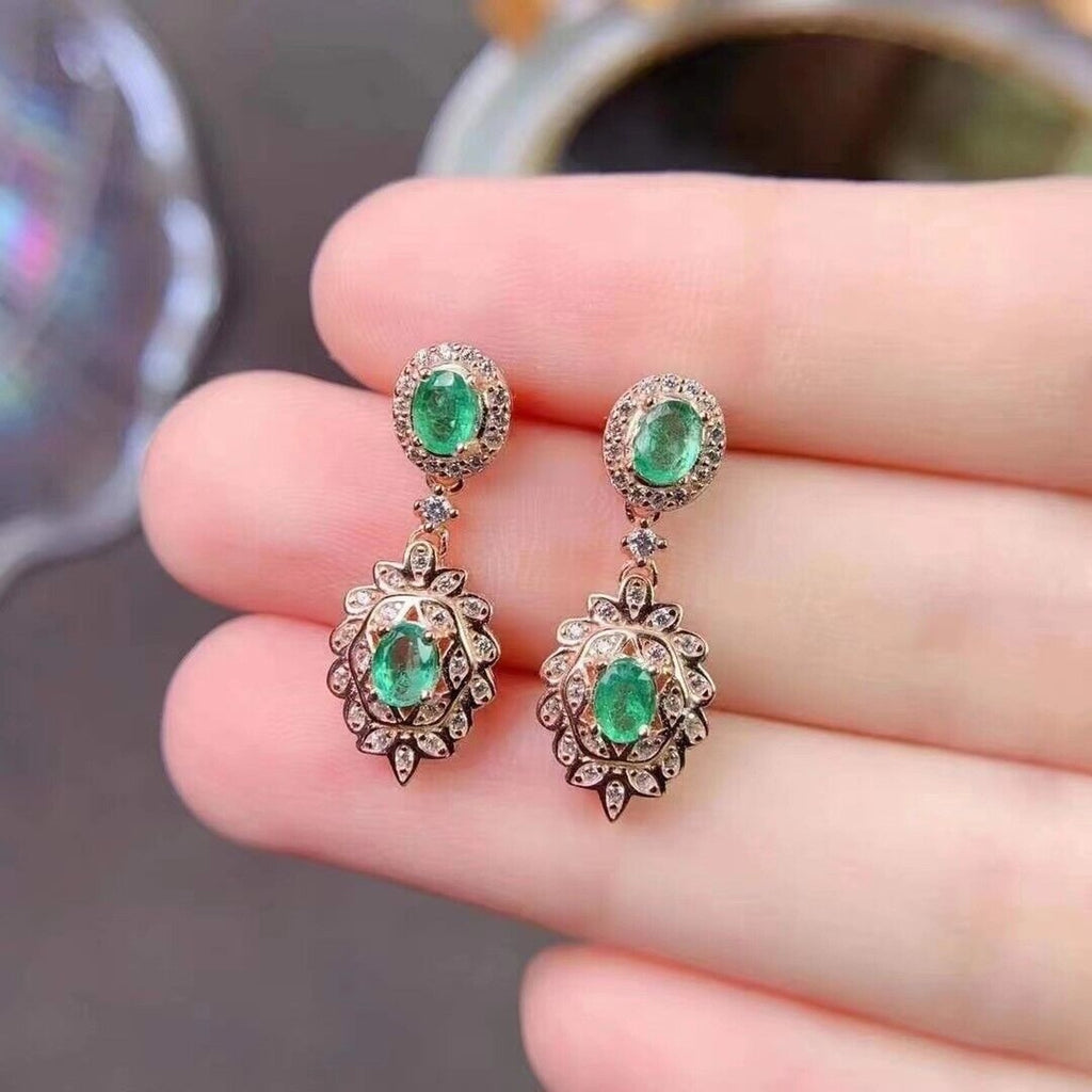 Natural Emerald Vintage Style Drop Earrings, Natural Emerald Sterling Silver