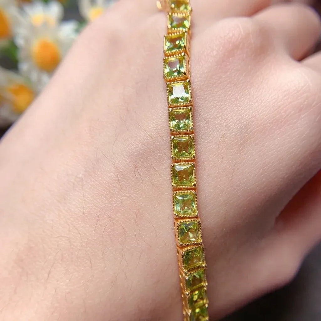 August Birthstone Peridot Bracelet, Square Cut Peridot Tennis Bracelet