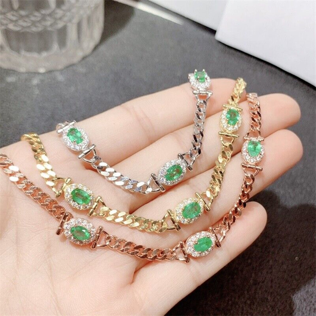 Natural Emerald Cuban Chain Bracelet VVS Grade 4x6mm