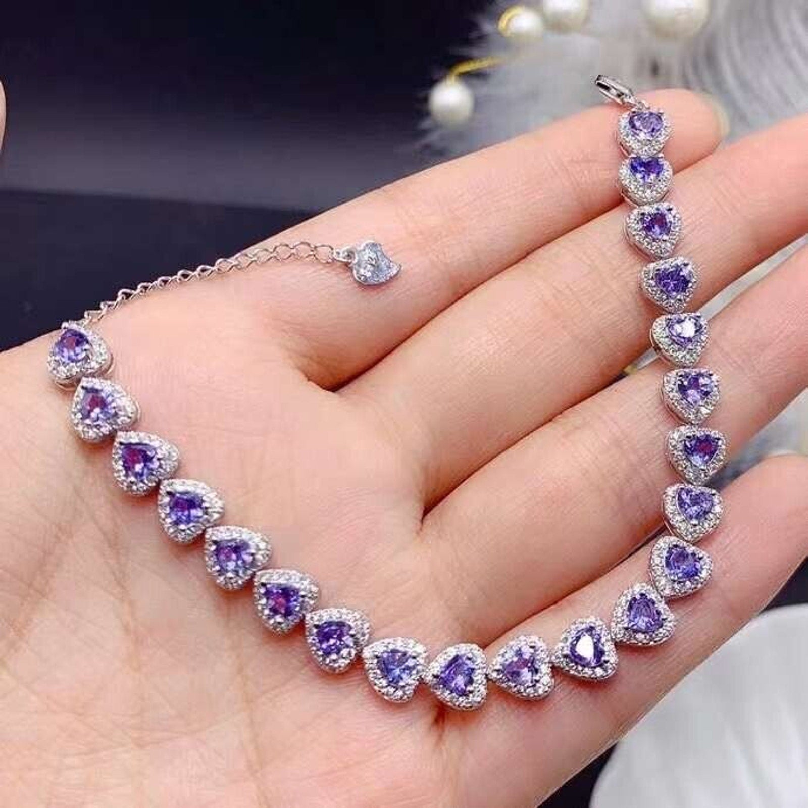 Purple Tanzanite Heart Tennis Bracelet – 925 Sterling Silver