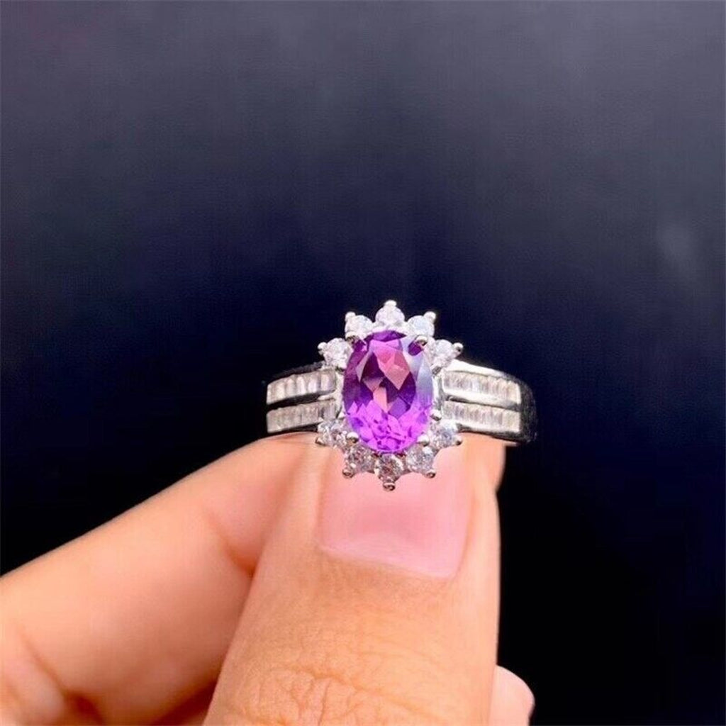 6x8mm Oval Cut Purple Amethyst Ring, Genuine Amethyst Sterling Silver Ring