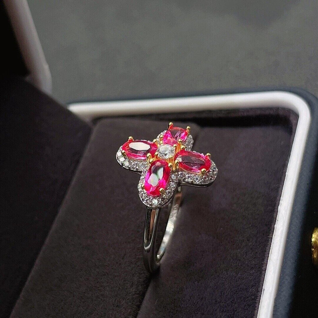 Natural Pink Topaz Floral Ring Sterling Silver 3x5mm Cocktail Ring, Pink Topaz