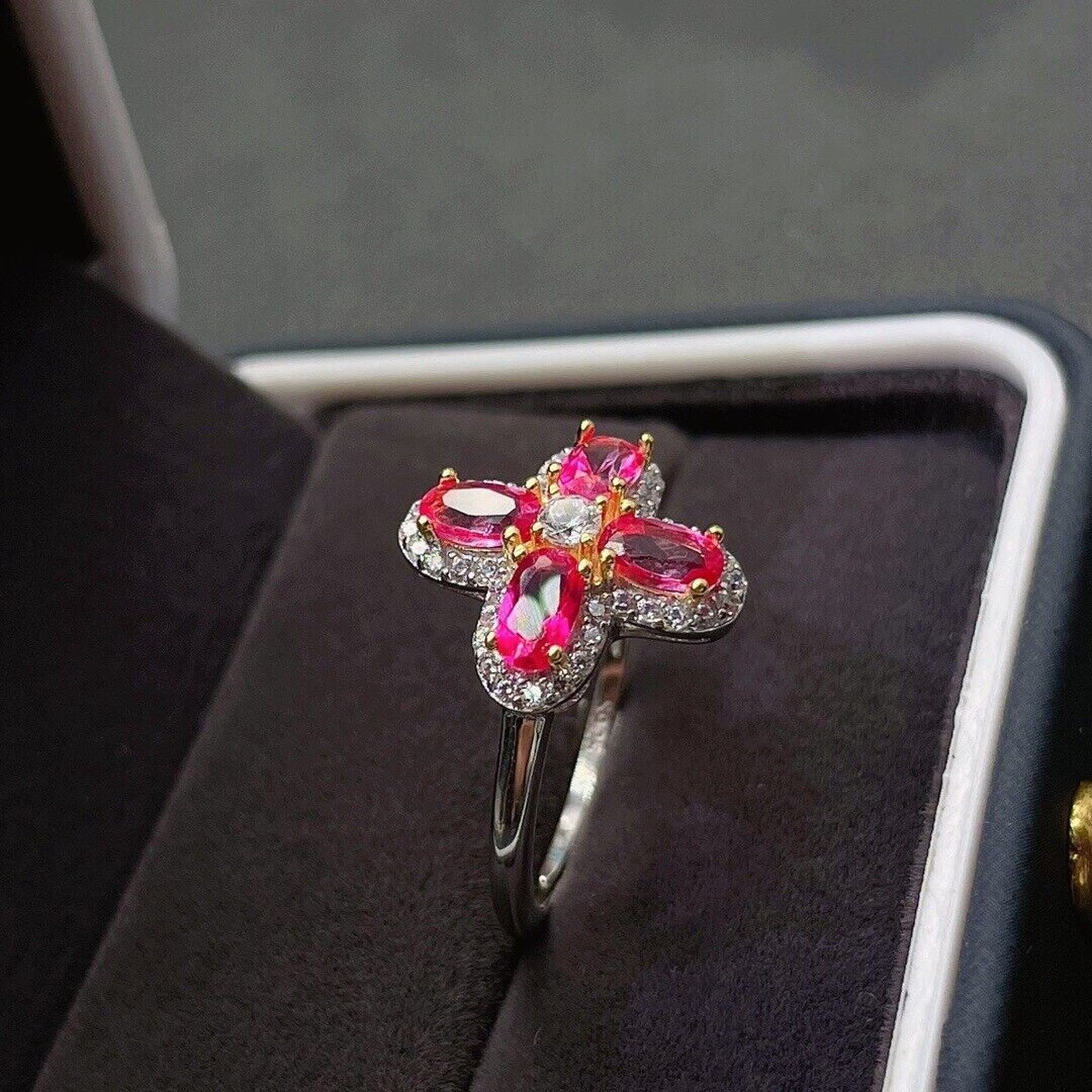 Natural Pink Topaz Floral Ring Sterling Silver 3x5mm Cocktail Ring, Pink Topaz