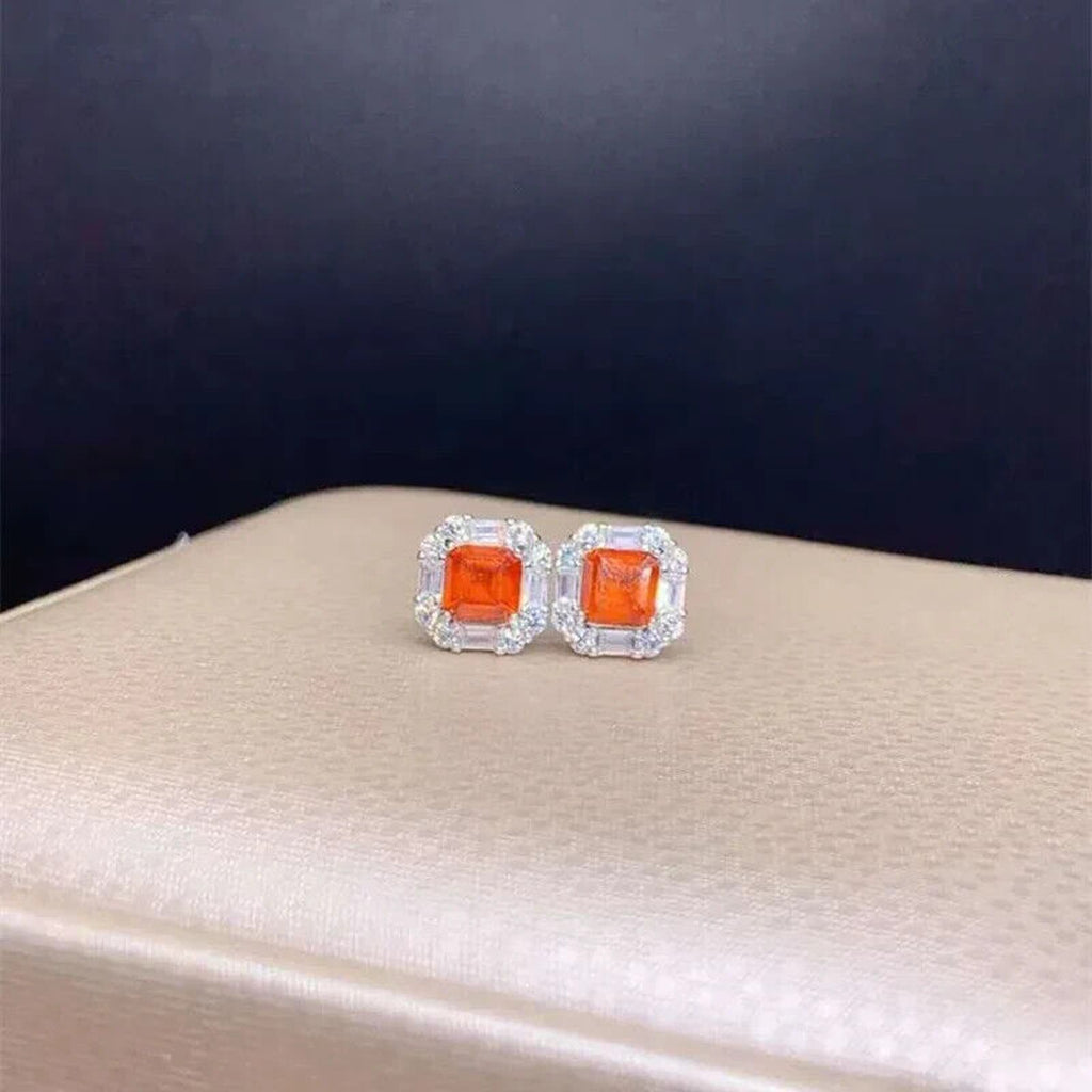 Orange Asscher Cut Garnet Stud Earrings 5x5mm Sterling Silver