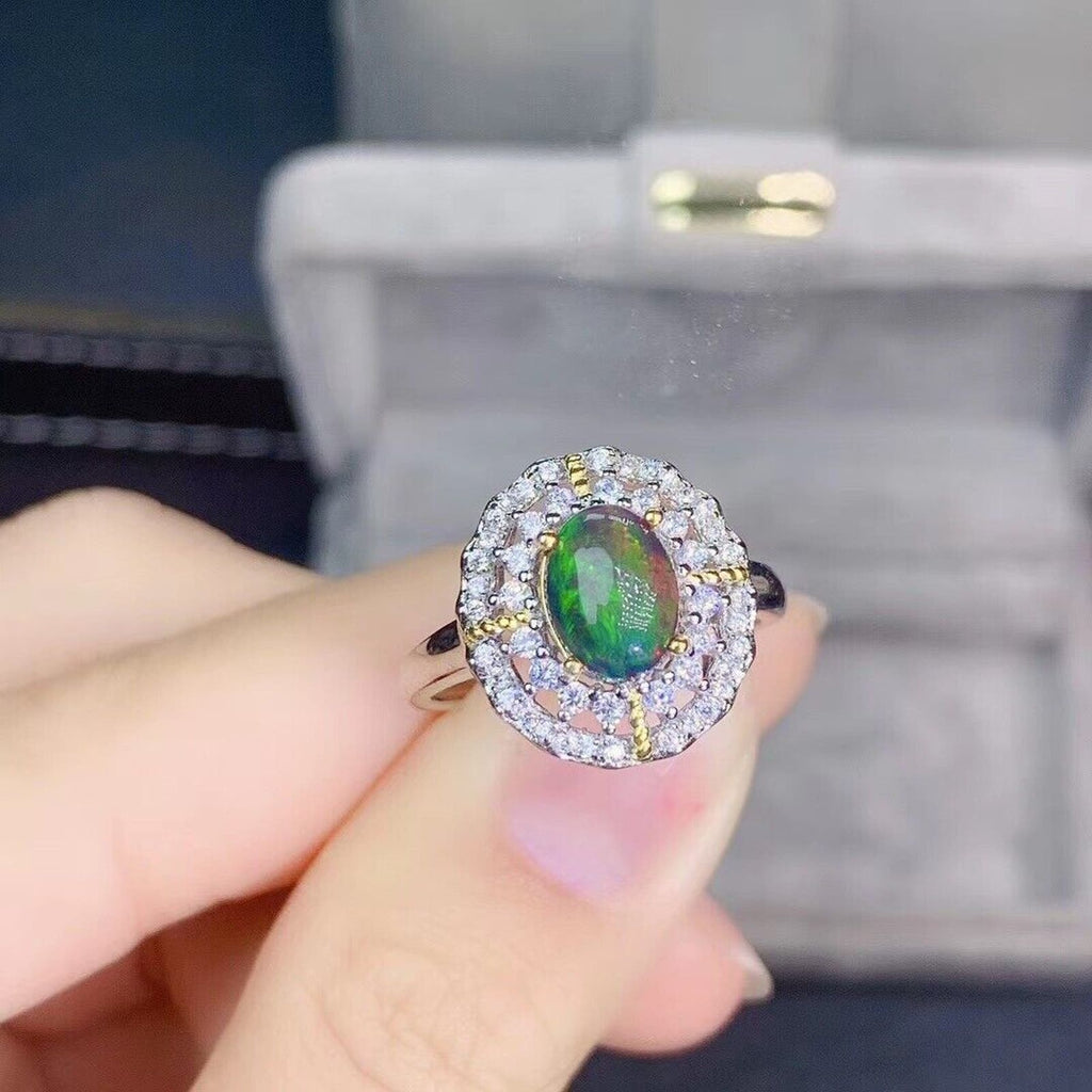 Black Fire Opal Ring 6x8mm Platinum Plated
