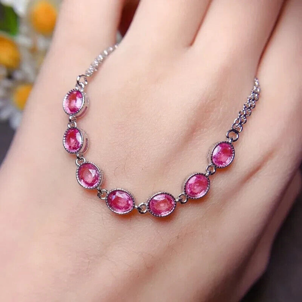 Pink Sapphire Tennis Bracelet Oval Cut 4x5mm Platinum Plated