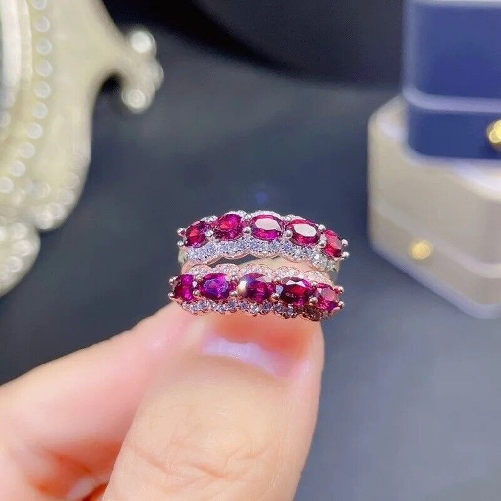 Pink Garnet Band Ring, Pinkish Purple Natural Garnet Ring Platinum Plated Silver