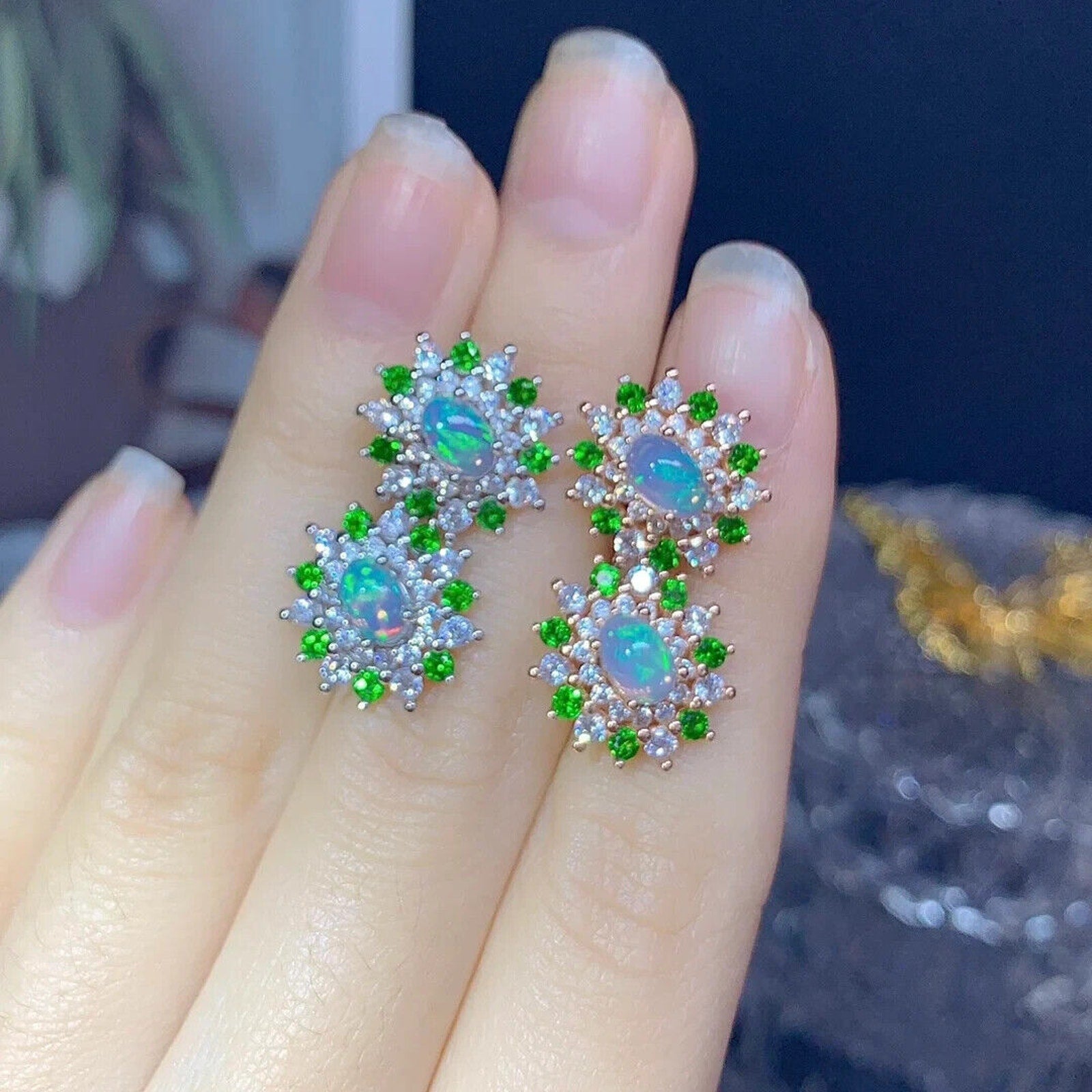 White Opal and Chrome Diopside Stud Earrings, Fire Opal and Diopside Earrings
