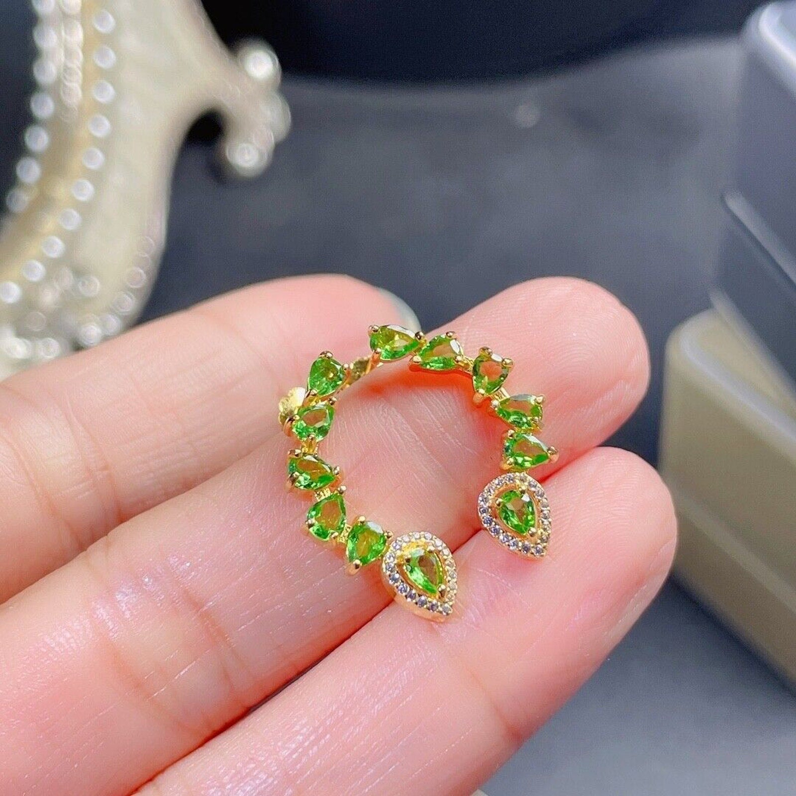 Tsavorite Gemstone Half Circle Earrings, Natural Tsavorite Women's Earrings