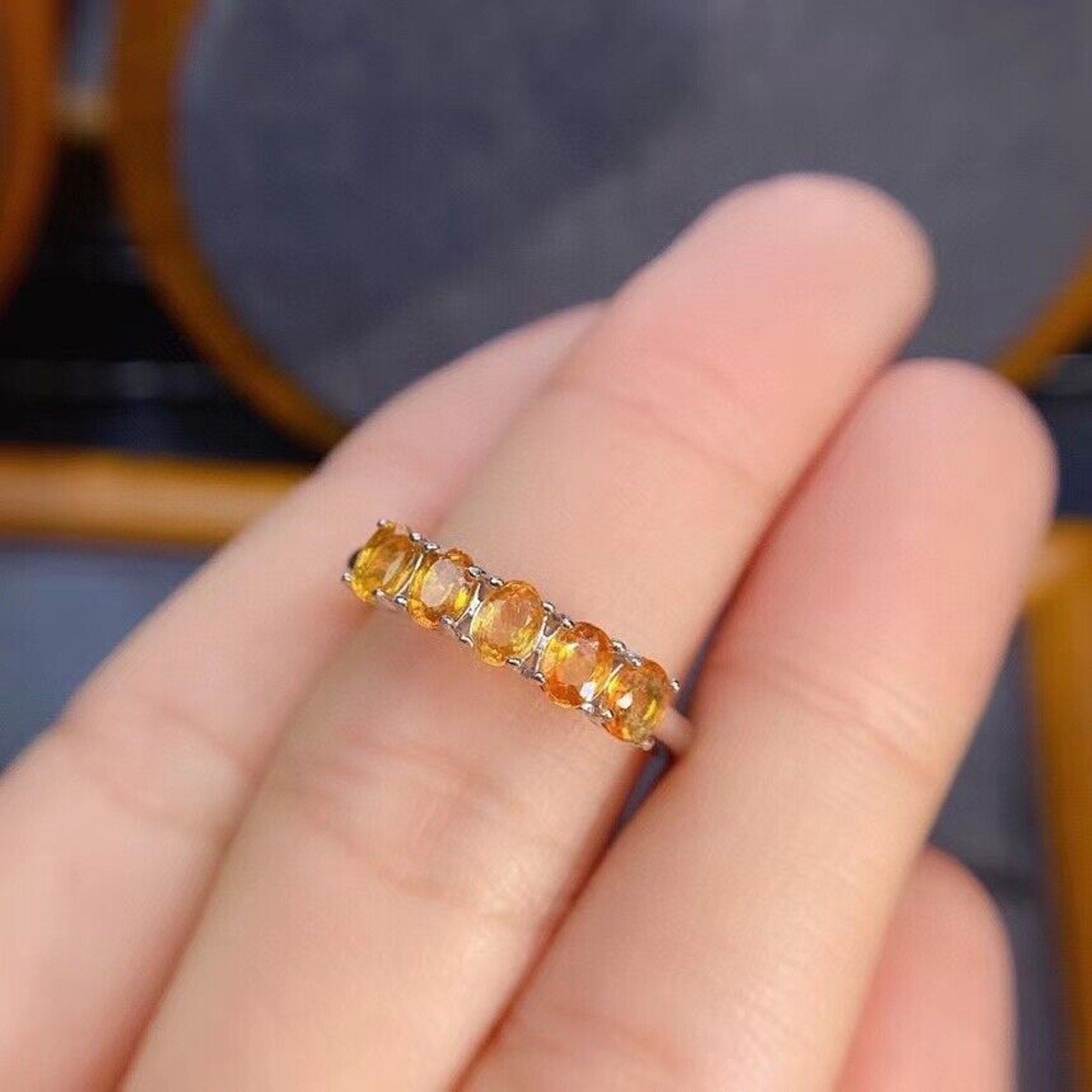 3x4mm Natural Citrine Gemstone Band Ring, Genuine Citrine Ring 925 Sterling