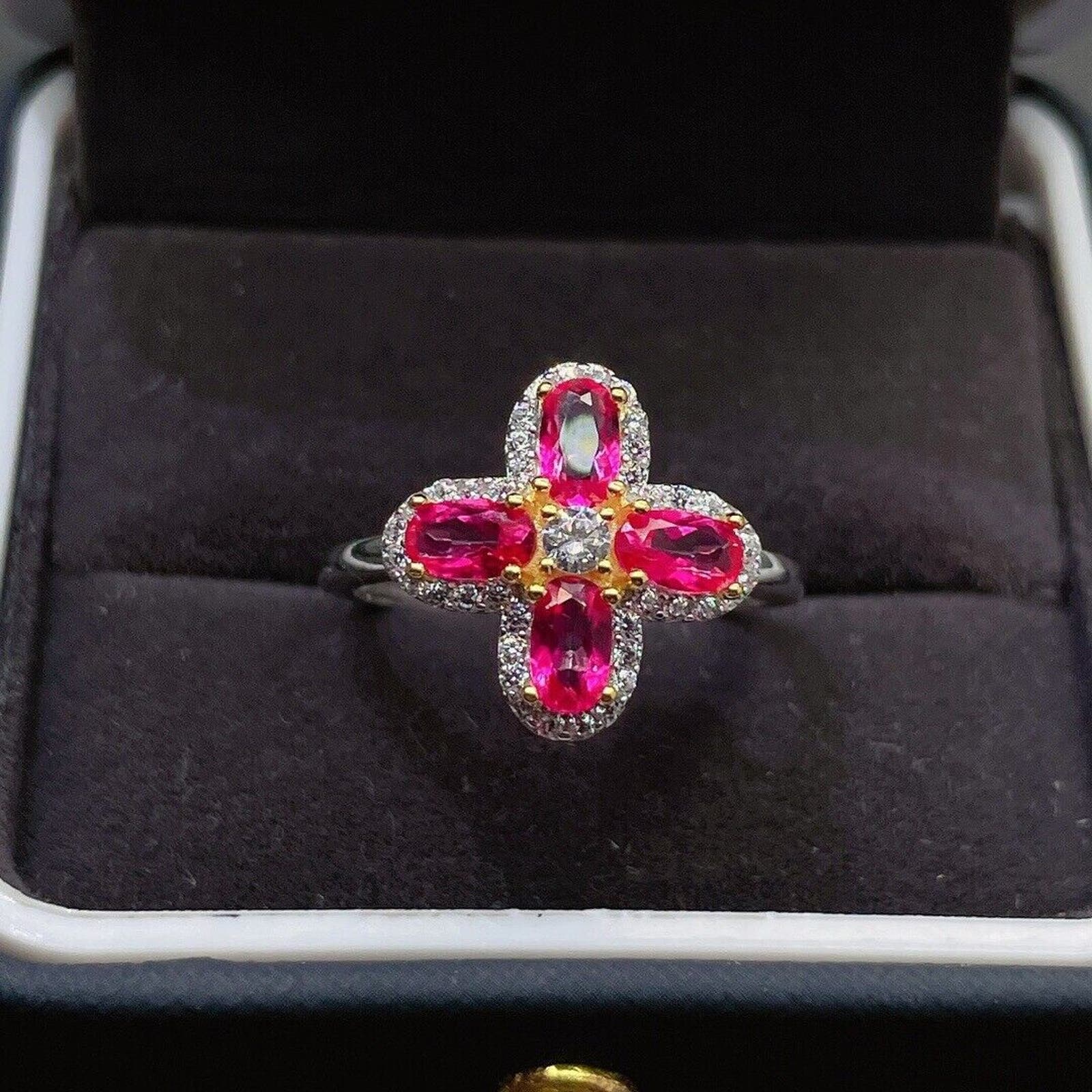 Natural Pink Topaz Floral Ring Sterling Silver 3x5mm Cocktail Ring, Pink Topaz