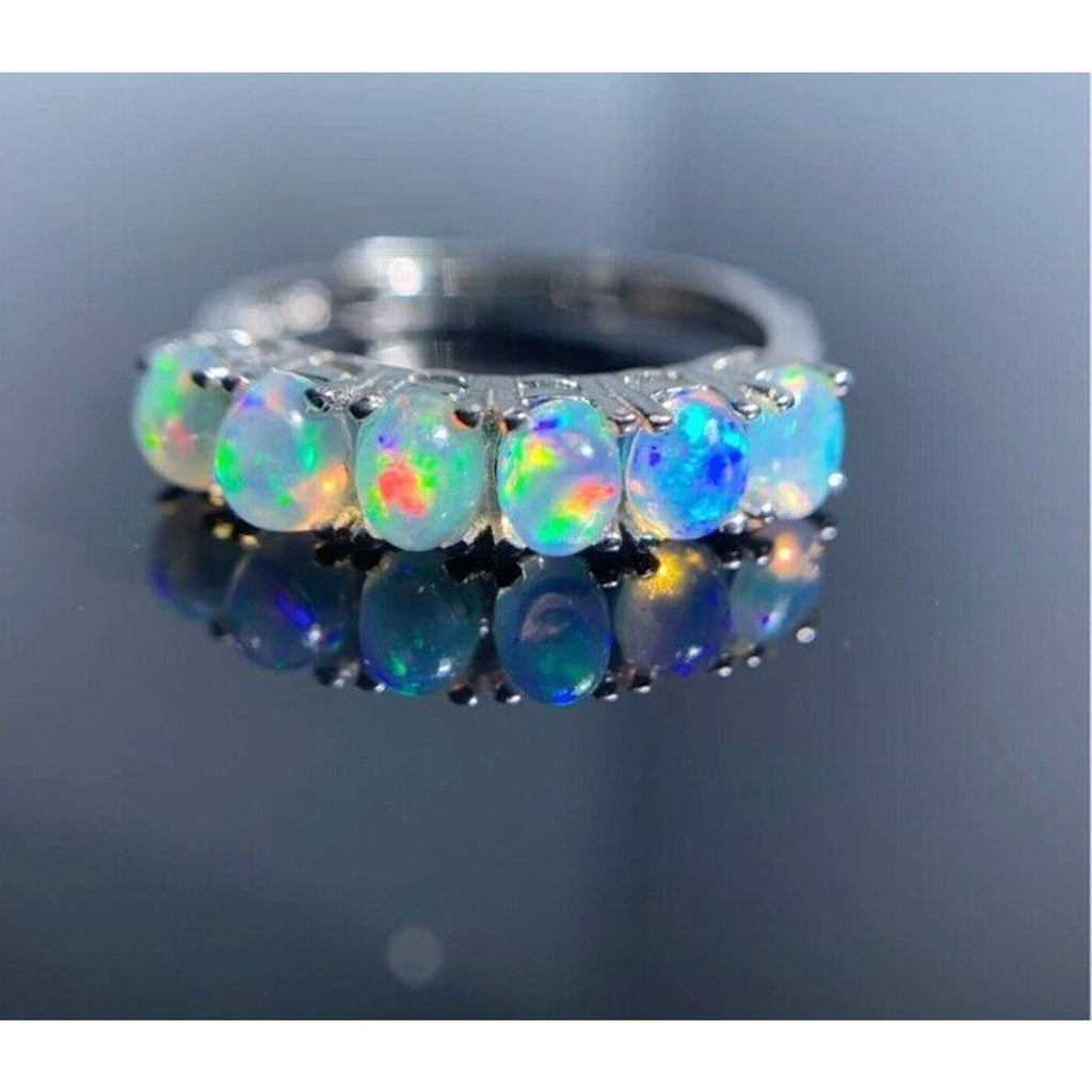 Australian Opal Band Ring, Women's White Opal Ring Sterling Silver, Opal Band
