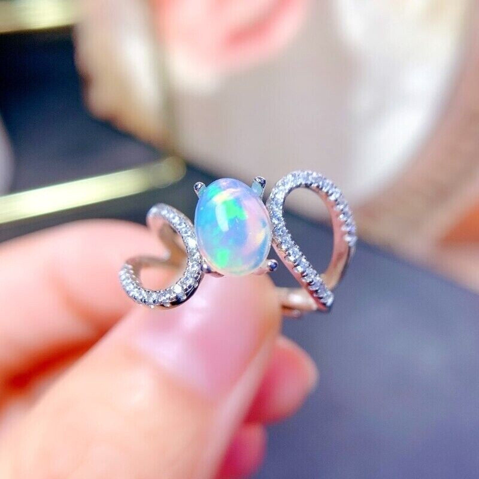 Australian Opal Statement Ring 6x8mm 925 Sterling Sterling Silver