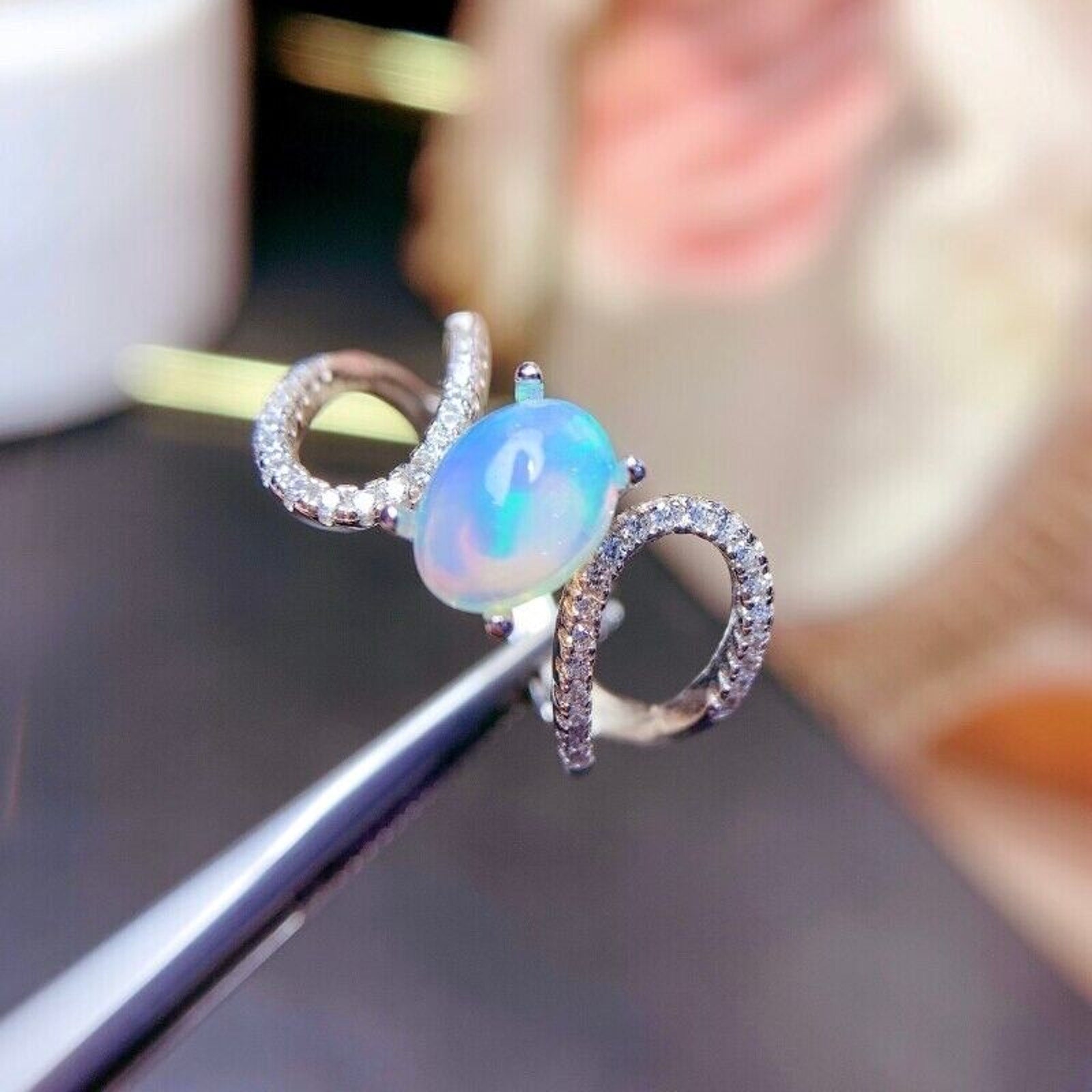 Australian Opal Statement Ring 6x8mm 925 Sterling Sterling Silver