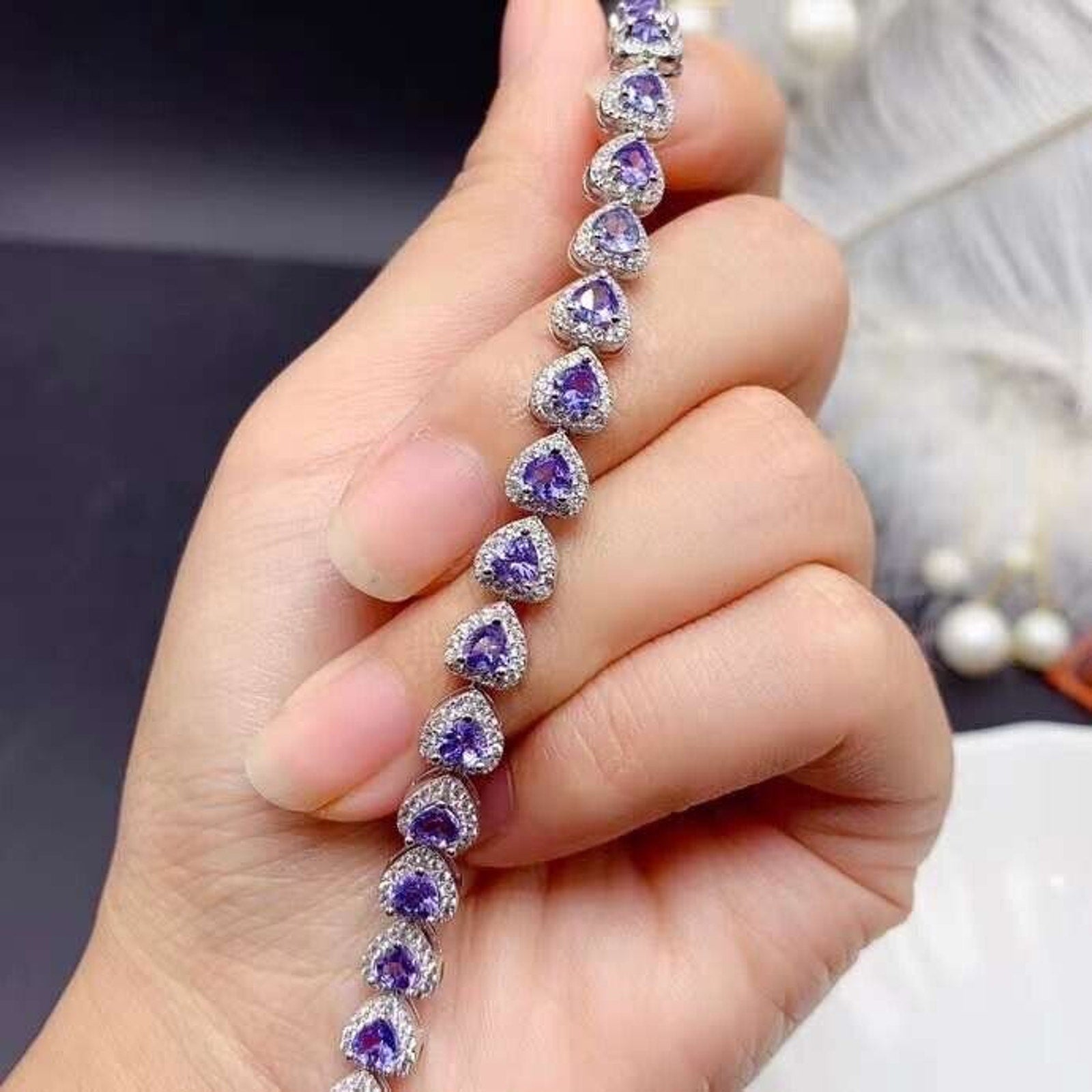 Purple Tanzanite Heart Tennis Bracelet – 925 Sterling Silver