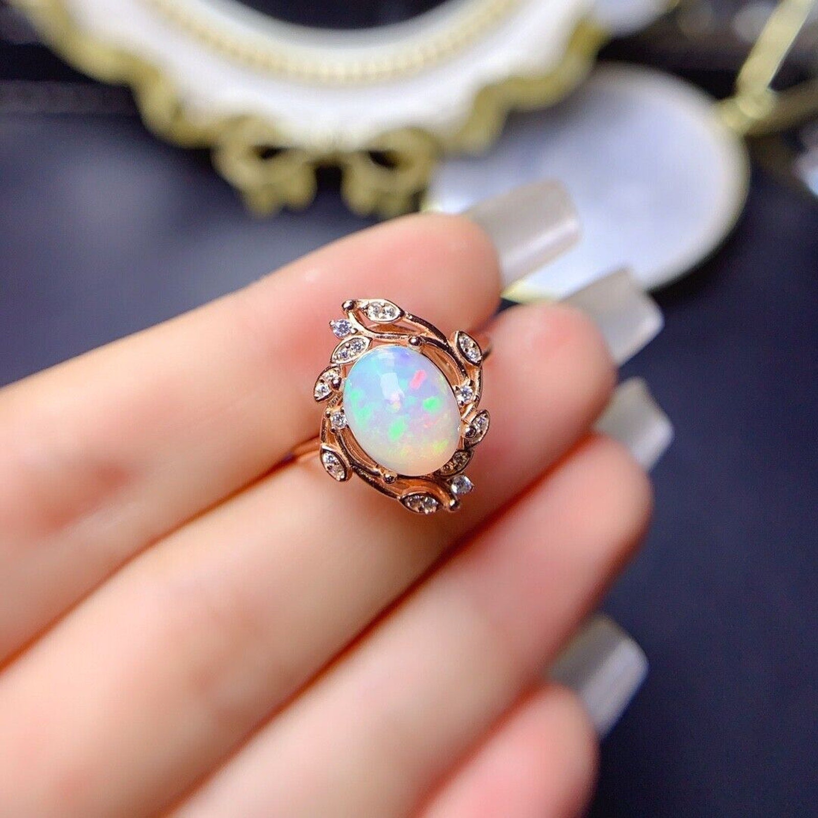 Vintage Style Opal Ring, Natural Fire Opal Cocktail Ring, Genuine Opal Ring