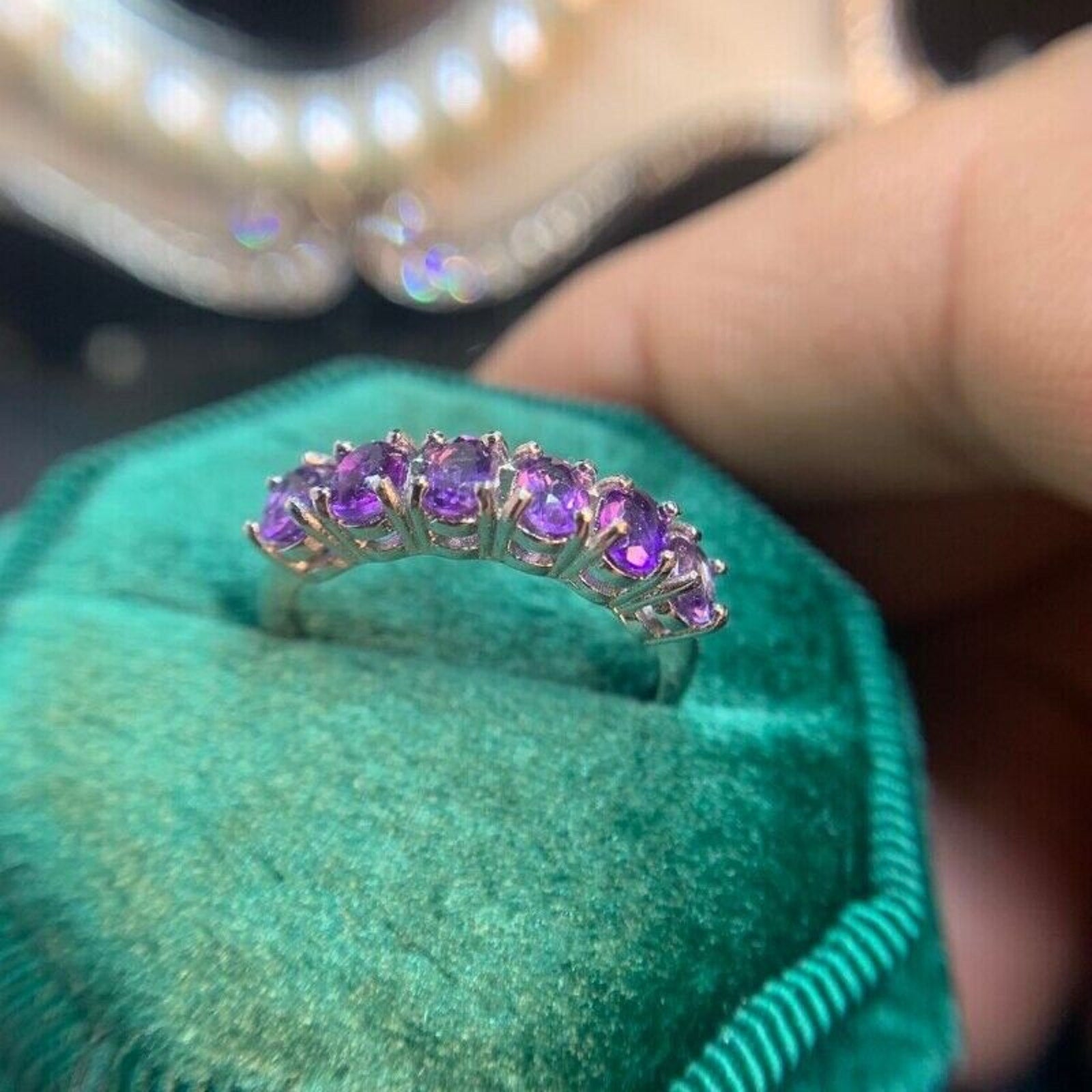 Natural Amethyst Half Eternity Ring, 3x4mm Amethyst Band Ring Sterling Silver