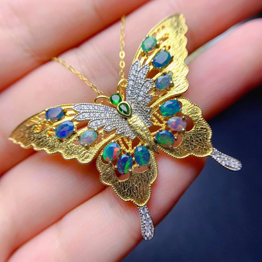 Australian Opal Butterfly Brooch, Blue Opal Butterfly Brooch Pin and Pendant