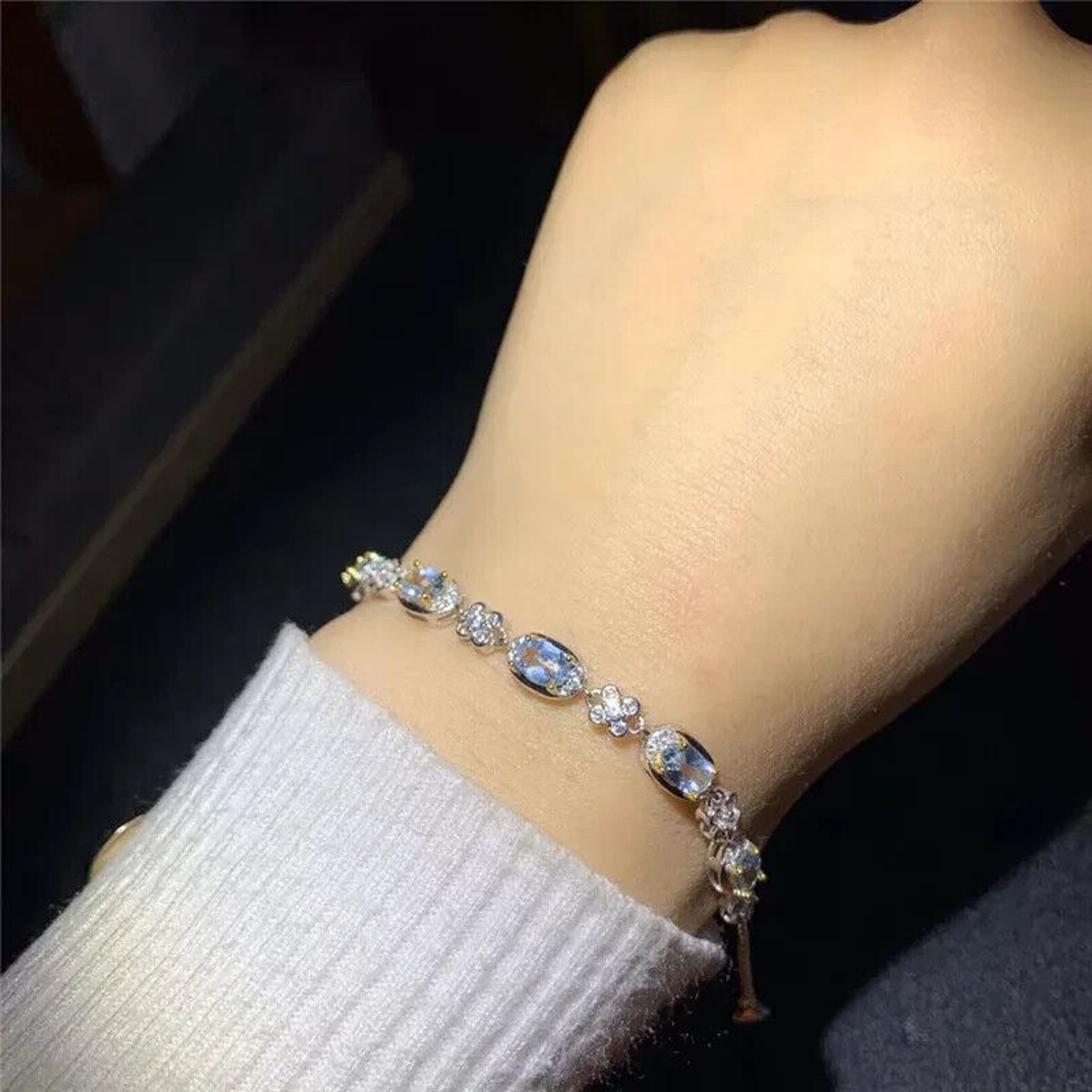 Natural Aquamarine Tennis Bracelet, Oval Cut Aquamarine Bracelet Sterling Silver