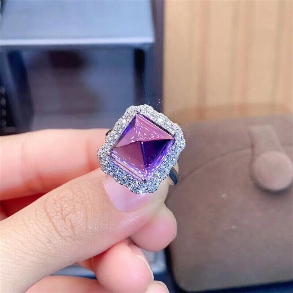 10x10mm Sugarloaf Amethyst Gemstone Ring with Cubic Zirconia, 925 Sterling